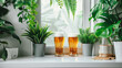 Glasses of beer on windowsill with houseplants in room
generativa IA