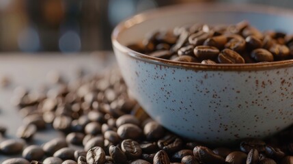 Wall Mural - A bowl of coffee beans on a table, perfect for coffee shop promotions