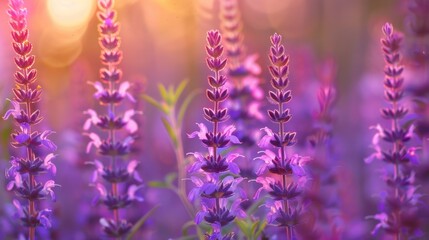 Poster - A beautiful field of purple flowers with the sun shining in the background. Perfect for nature and outdoor concepts