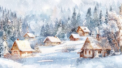 Canvas Print - A beautiful painting of a village covered in snow. Ideal for winter-themed designs