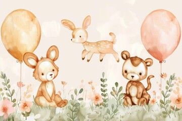 Poster - Cute animals sitting in a colorful flower field, perfect for nature lovers