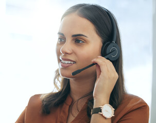 Poster - Callcenter, phone call and woman in office consulting for customer service, telemarketing and headset at help desk. Advisor, sales agent or virtual assistant in client care, tech support and voip.