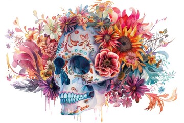 Poster - A watercolor painting featuring a skull surrounded by colorful flowers. Perfect for art projects or Halloween decorations