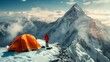 Mountaineer by a striking orange tent atop a snowy peak. Generative ai