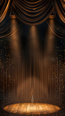 Wall Mural - Emty golden stage with curtain and golden dust and rays as wallpaper background illustration