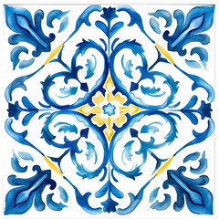 Pattern of Portuguese azulejos tiles. Rustic blue tile watercolor seamless pattern