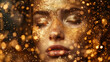 Close-up of a woman's face with gold glitter and bokeh lights