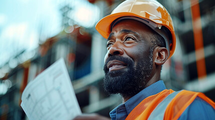 Wall Mural - A professional site engineer, handsome man wearing yellow color hard hat helmet and looking at the camera with cute smile