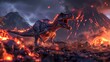 Volcanic land, dinosaurs escaping lava, dramatic lighting, low angle, 2D.