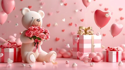 Cute bear holding bouquet of roses with love balloons and gifts on pink background