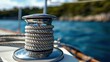A closeup of the rope and stainless steel post on an open boat, with clear blue water in the background. 