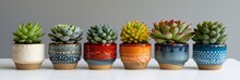 Colorful Succulent Pots On Neutral Background - Modern Home Decor.