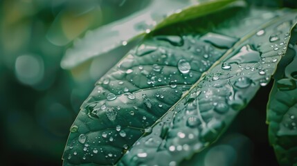 Wall Mural - Close-up shot of a leaf covered in water droplets. Suitable for nature and environmental themes