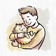 A man carefully holds a cat. Hand-drawn illustration about love, care, empathy, tenderness for animals and pets