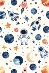 Wall Mural - a watercolor illustration of an astronaut in outer space. perfect for educational materials or scien