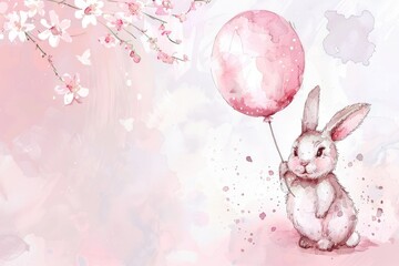 Sticker - Adorable rabbit holding a colorful balloon, perfect for children's illustrations or greeting cards