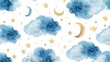 Blue clouds and gold stars pattern, suitable for backgrounds and decorations