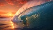 Giant ocean wave breaking at dawn along a sun-kissed tropical shoreline, the epitome of a surfer's summer dream, captured in high-definition