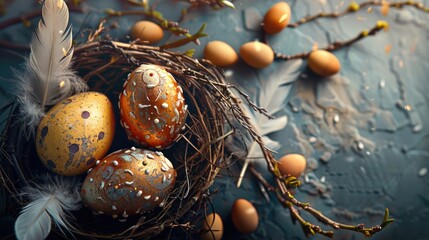 Poster - A nest with eggs and feathers on a table. Ideal for nature and spring themes