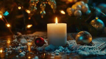 Poster - Lit candle next to a festive Christmas tree. Perfect for holiday decorations