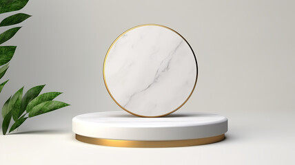Wall Mural - Isolated gold and a cylinder podium made of luxurious white marble against a crisp white background.