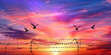Birds Soaring Over Barbed Wire In A Vibrant Dawn, Representing Hope And Freedom