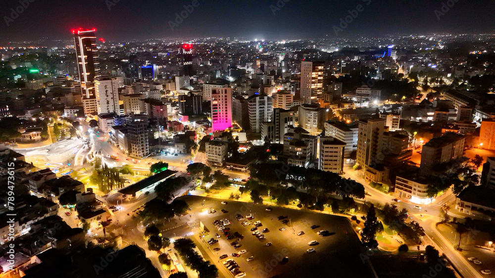 aerial pictures made with a dji mini 4 pro drone over Nicosia by night, Cyprus.