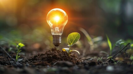 Aufkleber - There is a light bulb at the bottom of the pot, and plants are growing with a growth graph. In the future, renewable energy will be essential. Alternative sources of energy will be developed, as will