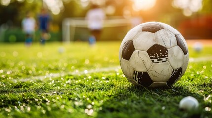 Canvas Print - A soccer ball on the grass with a few people in background, AI