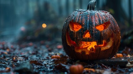 Pumpkins and Skeletons In Graveyard At Night With Wooden Board - Halloween Party Card