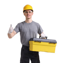 Canvas Print - Professional repairman with tool box showing thumbs up on white background