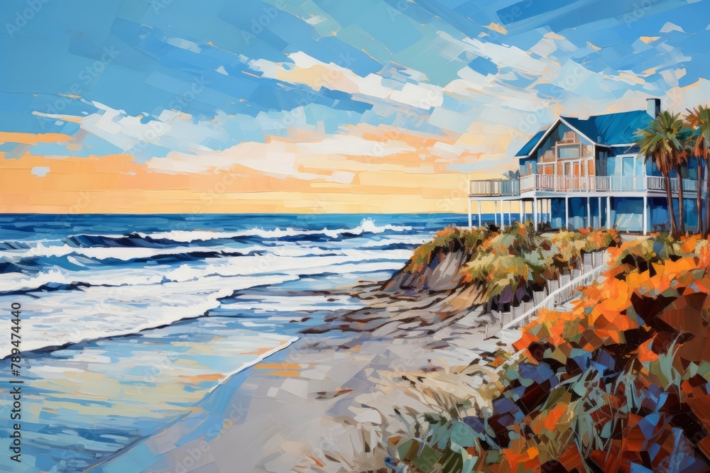 Watercolor illustration of colorful summer houses on the sandy ocean ...