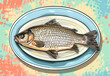 Illustration of a fish on a plate against a backdrop of colorful paint splotches, artistic concept in modern design