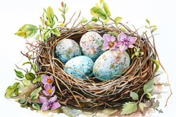 Poster - A painting of a nest with four eggs. Suitable for nature and spring themes