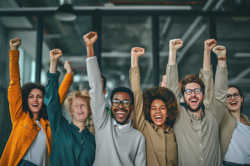 Diverse group of business professionals raising arms in celebration inside modern office building