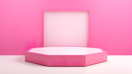 Wall Mural - Podium with a hexagon display on a pink backdrop. isolated against a stark white background
