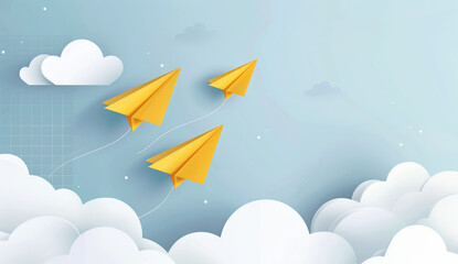 Wall Mural - yellow paper airplanes fly on the white grid with simple cloud drawings