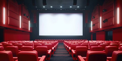 Poster - Interior of an empty theater with red seats and a projector screen. Suitable for illustrating concepts of entertainment and cinema