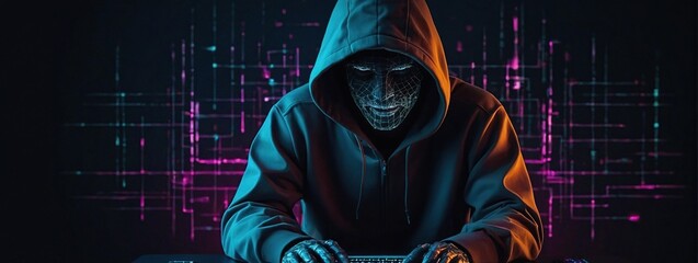 Abstract polygonal hacker with laptop on technology dark background, Cyber attack and cyber security concepts, Computer hacking, Digital technology. Man in hoodie. 3D low poly vector illustration