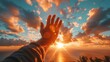 A person reaching out to the sun with their hand, AI
