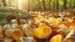 An array of citrine stones on a sunlit forest floor, scattered amongst autumn leaves, inviting abundance and joy