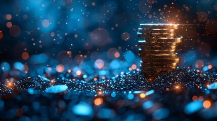 Leinwandbilder - Abstract blue plant growing from coins pile. Making money concept. Blue geometric background with wireframe light connections. 3D illustration in modern format. Low poly style. Modern illustration.