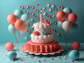 A birthday card with a pop-up design of a cake and balloons, solid color background, 4k, ultra hd