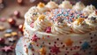 A celestial-themed birthday cake adorned with star-shaped sprinkles and silver accents, 4k, ultra hd