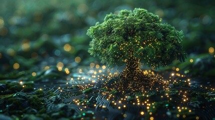 Poster - A futuristic polygonal illustration of a green technology concept of a digital environment. A glowing neon tree on a circuit board background. Modern illustration of the future growth and development