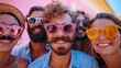© Gefo - A group of friends posing with oversized sunglasses and mustaches at a birthday celebration, solid color background, 4k, ultra hd