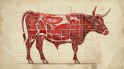 An educational drawing of a cow, segmented to show various beef cuts, crafted with the detail.