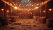 A rustic birthday party in a barn setting with hay bales and string lights, 4k, ultra hd