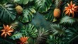 A tropical-themed birthday invitation featuring palm leaves and pineapple motifs, 4k, ultra hd