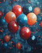 Festive balloons floating in a dark room with dramatic lighting, solid color background, 4k, ultra hd
